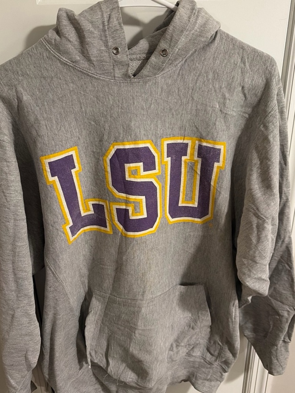 LSU Gray Hoodie Sweatshirt with Purple & Gold Lettering